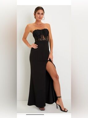 Lulu's Black Strapless Lace Bodice Gown with Side Slit